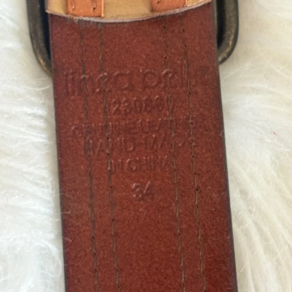 Linea‎ Pelle 230800 Tan Brown Striped Leather Belt Size 34 Antique Brass Buckle